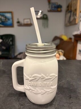 Davidstea White Ceramic Mason Mug with Straw